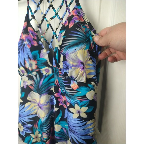 Tahiti Woman's L One Piece Swimwear V Cross Cross Halter Floral Tropical Beachy - Picture 3 of 9